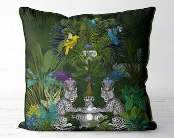 Blue lemur pillow cover with leopard print and palm plants, tropical jungle cushion cover