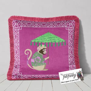 Luxury Chinoiserie Velvet Monkey throw pillow cover with Fringe, Pink Monkey with Parasol print cushion cover, Chinese Monkey Umbrella