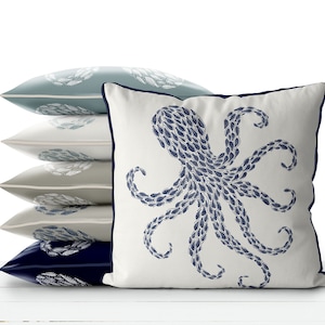 Modern coastal pillow covers Coastal throw pillows  Little Fishes Octopus Pillow Midnight Blue on White Coastal style Nautical pillow covers