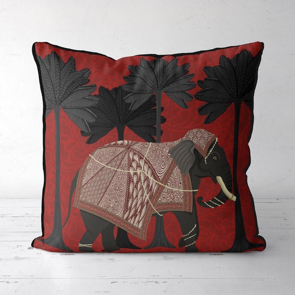 Elephant cushion cover - Elephant under palm trees ruby - Elephant pillow cover Red pillow cover, Asian scatter cushion Animal throw pillow