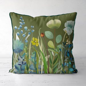 Floral Pillow Cover: Dark Olive Green, Blue Botanical Print, Scandi Style