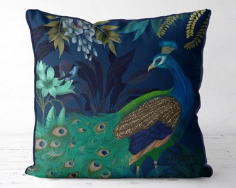 Peacock Cushion cover - Peacock Garden 1 - Peacock Pillow cover, Pillow sham Gold blue green teal decor scatter cushions toss pillow