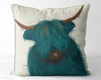 Turquoise Highland Cow Pillow Cover: Modern Farmhouse Decor