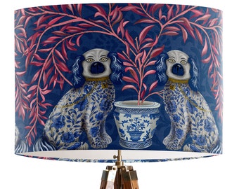 Chinoiserie Staffordshire Dogs on Blue Lamp Shade - blue and red chinese style lamp shade, asian decor, cute spaniel Cosy Maximalist UK shop