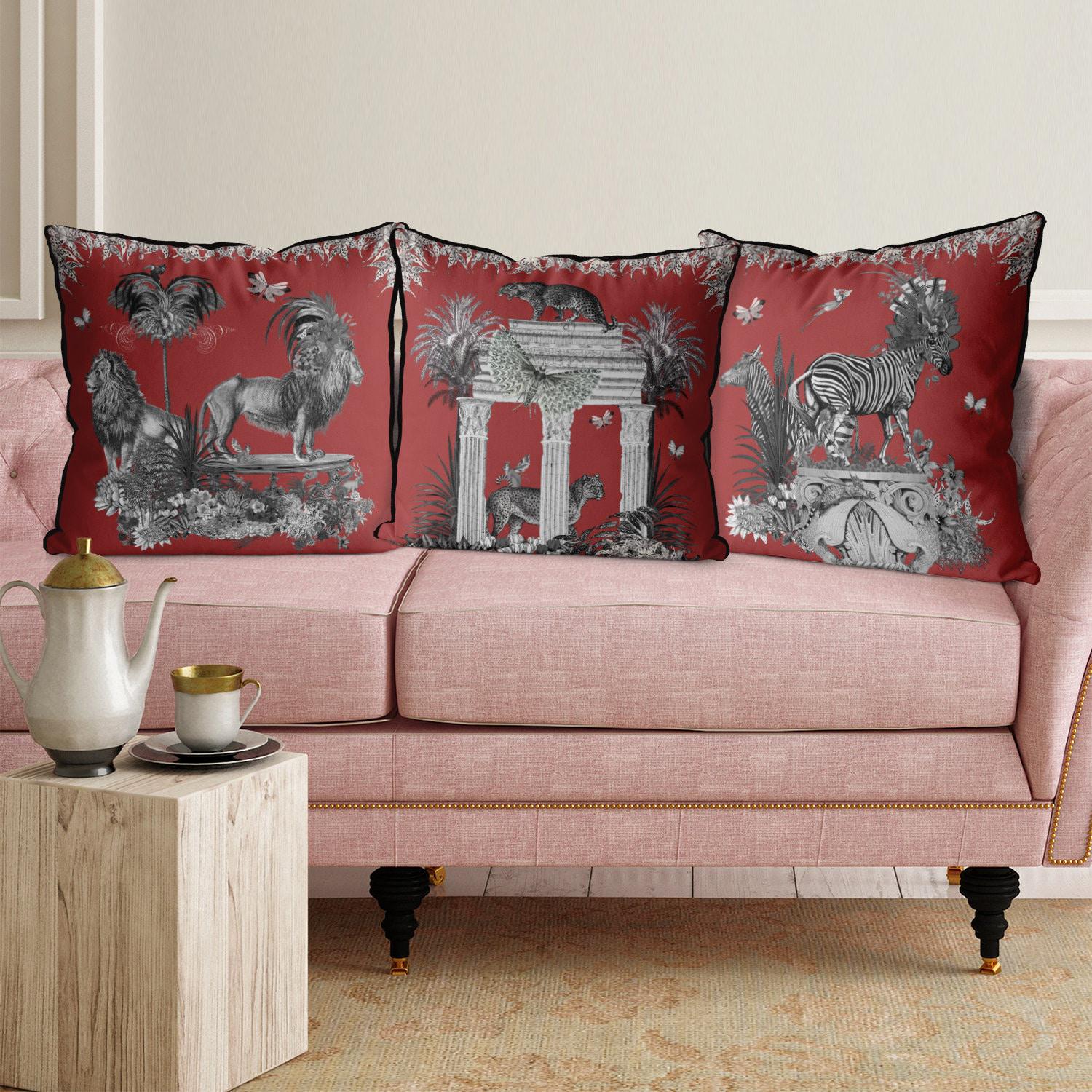 スタイリッシュな赤いライオンの枕カバー、贅沢で芸術的なサファリ