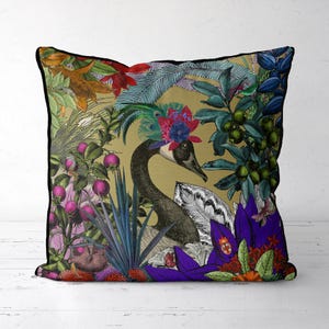 Gold Pillow Cover, Exotic Birds with Colourful Florals Cushion Cover