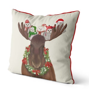 Moose Christmas pillow cover Moose and Owls Christmas cushion cabin decor moose gift moose cushion woodland animal accent pillow image 2