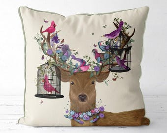 Deer with Birdcages Pillow Cover, Colourful Woodland Animal Cushion with Flowers and Birds, Whimsical Nature Inspired Home Decor