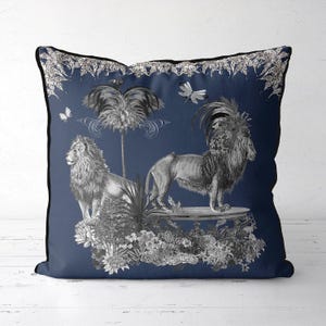 Navy blue lion pillow cover, bold whimsical jungle cushion cover