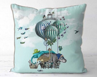 Kussenhoes heteluchtballon, grillig blauw olifantskussen, kussen nijlpaard, ongebruikelijk nijlpaardcadeau, thema leuk exotisch dier