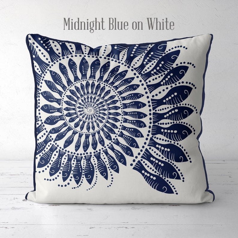 Modern coastal pillow covers Coastal throw pillows - Little Fishes Spiral Shell Midnight Blue on White Coastal style, Nautical pillow covers image 4