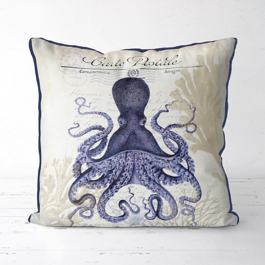 4 cushion collection - Blue With Seaweed, Cushion / Throw Pillow — FabFunky