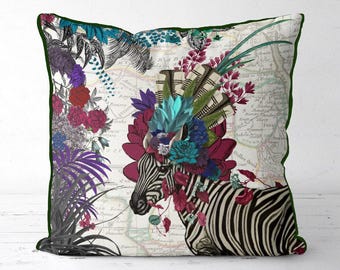 Colourful zebra pillow cover in pink and black, quirky jungle cushion cover