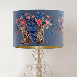 Leopard lampshade on Blue with gold lining, Tropical Beautiful Floral Botanical lamp shade for table lamp, luxury handmade designer item