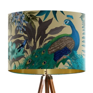 Peacock Garden Lampshade on Sandy Gold - Large lamp shade with gold lining lampshade for table lamp pendant lamp shade for ceiling turquoise