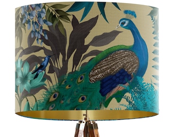 Peacock Garden Lampshade on Sandy Gold - Large lamp shade with gold lining lampshade for table lamp pendant lamp shade for ceiling turquoise