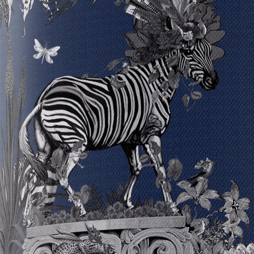 Blue Lampshade Zebra - Fabric lamp shade drum lampshade gold lined tropical decor navy blue and white decor statement shops linen large pendant