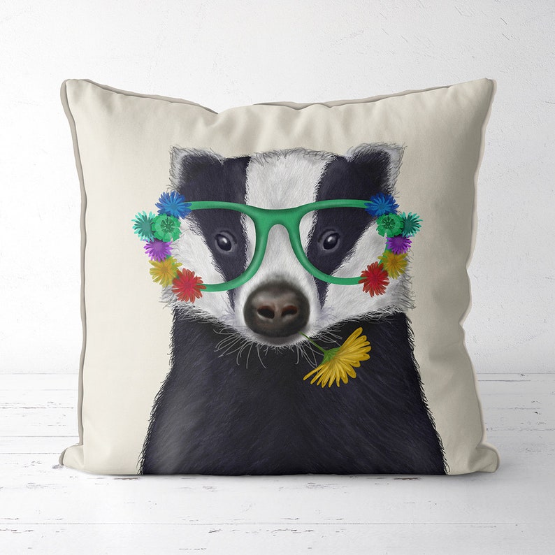 Badger pillow Badger gifts Animal art woodland decor farmhouse decor Housewarming gift new home gift Spring Pillows Animal pillow uk shop image 1