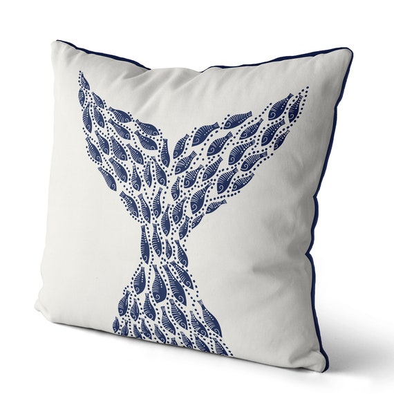 Modern Coastal Pillow Covers Coastal Throw Pillows Little Fishes Whale Fish  Tail Midnight Blue on White Coastal Style Nautical Pillow Covers 