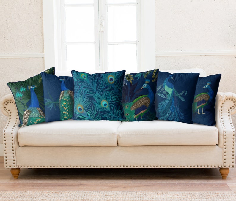 modern pillow Peacock Head Turned Peacock Pillow cover scatter cushions Peacock cushion cover Gold blue green teal decor Pillow sham