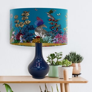 Glorious Plumes Bird Lampshade, Blue - Large lamp shade with gold lining, lampshade for table lamp or pendant, Designer fabric lamp shade image 7
