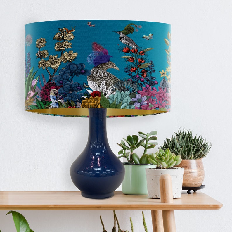 Glorious Plumes Bird Lampshade, Blue - Large lamp shade with gold lining, lampshade for table lamp or pendant, Designer fabric lamp shade image 7