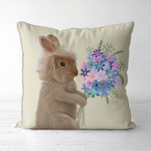 Bunny Bouquet - Cute Rabbit pillow cover, Rabbit cushion cover, spring throw pillow, country home spring decor idea, farmhouse decor