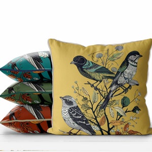 Yellow Pillow Cover bird fabric, Country home woodland botanical Designer cushion cover, modern maximalist cottage home decor made in UK FF5