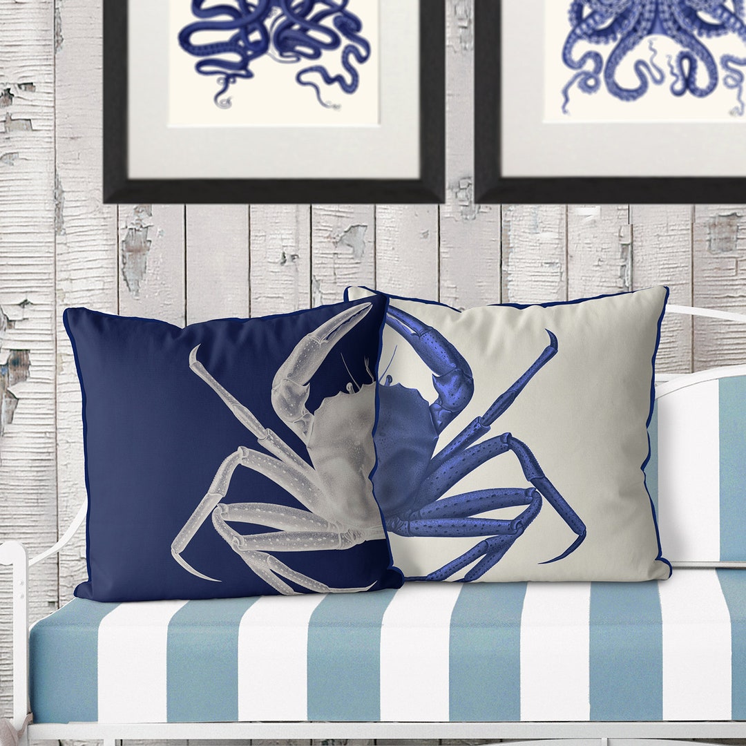 Set of 2 Blue Crab Pillow Cover Navy Blue and White Nautical Pillow