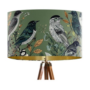 Fancy Flock Bird Lampshade, Green Large lamp shade with gold lining, botanical lampshade for table lamp or pendant Designer lamp shade image 5