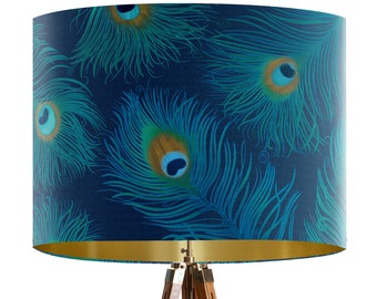 Peacock Feather Lampshade - Large lamp shade with gold lining, lampshade for table lamp, pendant lamp shade for ceiling turquoise decor