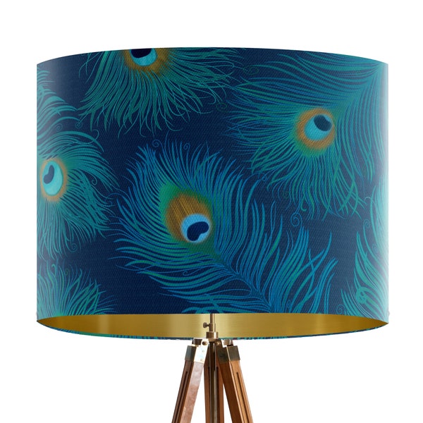 Peacock Feather Lampshade - Large lamp shade with gold lining, lampshade for table lamp, pendant lamp shade for ceiling turquoise decor