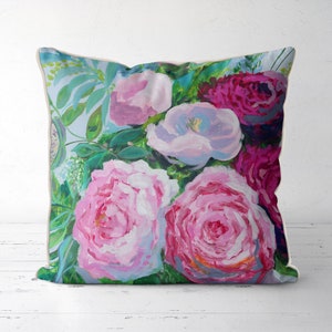 Pink Roses Pillow Cover, Romantic Floral Cushion, Boho Style Floral Cushion for Eclectic Home Decor, Handmade Cottage Style cushion cover