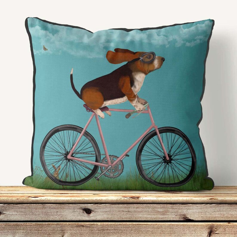 Basset Hound Pillow Cover, Basset Hound on Bicycle, Dog on Bike Cushion Cover, Cute Basset Hound Gift idea for owner, Funny Basset Hound pic image 3