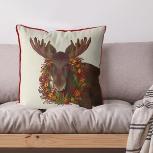 Christmas pillow cover, Moose orange & cranberry wreath cushion, Festive decor for home, Woodland animal Xmas cushion print on both sides image 3