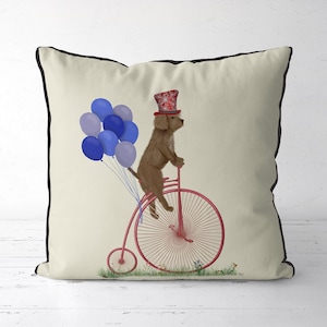 Brown Cockapoo Pillow Cover, Dog Cushion Cover Riding Penny Farthing Bike