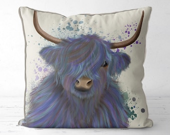Highland Cow 1 in Blue - multicoloured scottish cow cover Modern Farmhouse decor farm gifts cow cushion farm animal pillow colourful coo