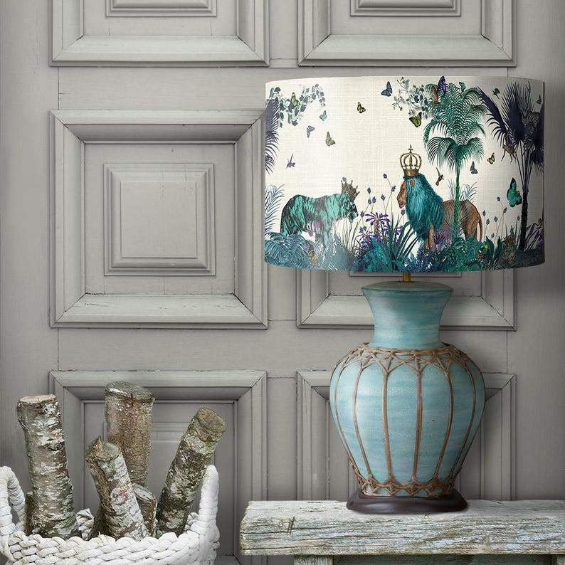 Lamp shade Tropical Lions Blue drum lampshade Lion decor jungle tropical decor nursery lampshade blue lampshade blue room decor lighting image 8
