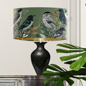Fancy Flock Bird Lampshade, Green Large lamp shade with gold lining, botanical lampshade for table lamp or pendant Designer lamp shade image 4