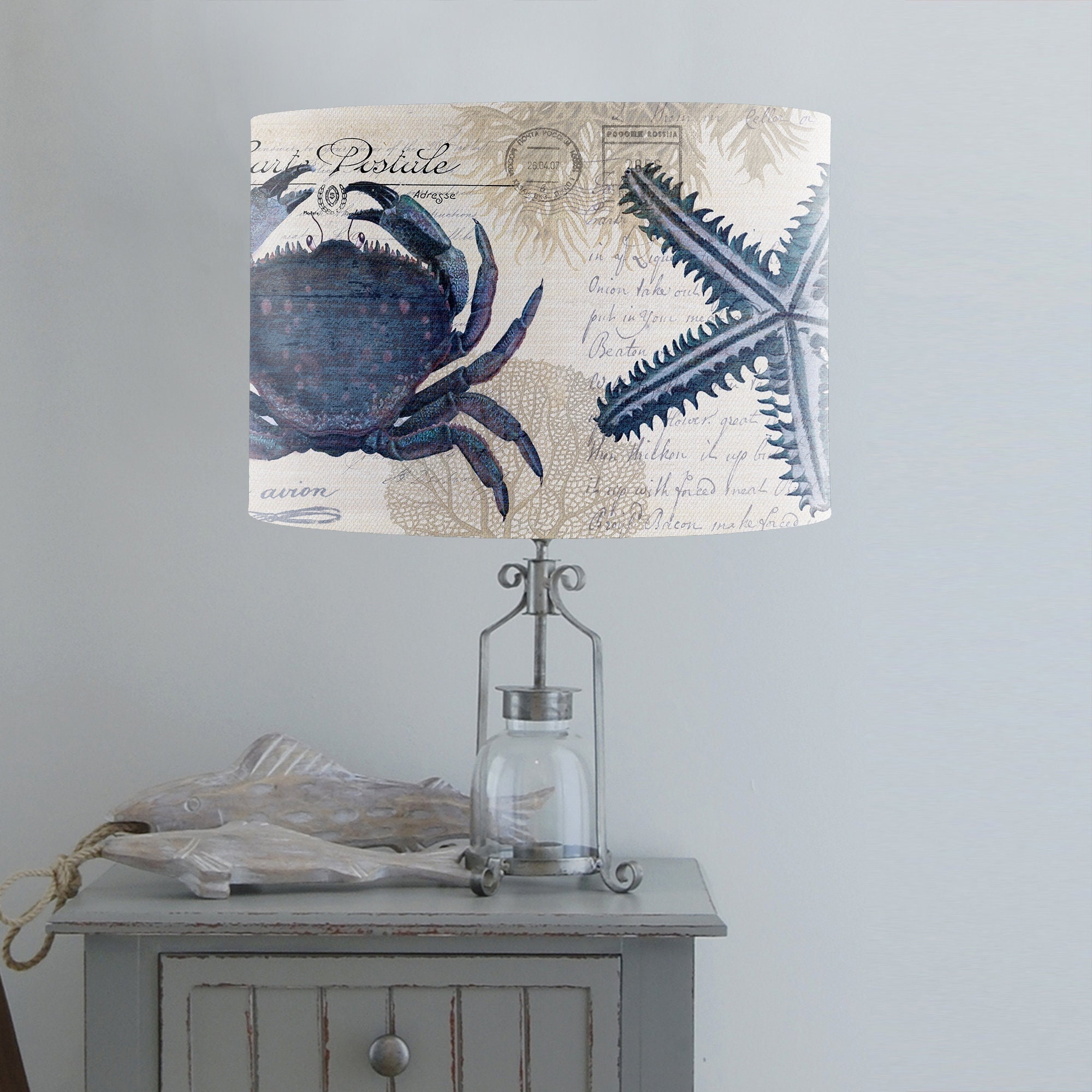 Seaside Postcard Lampshade Blue Crab Nautical Lampshade for Table