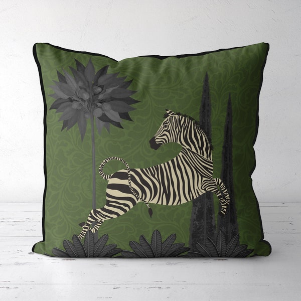 Housse d’oreiller Zebra - Dancing zebra verdant - Housse de coussin Zebra, Décor asiatique Zebra, Oreiller à lancer vert Coussins tropicaux Oreiller imprimé animal