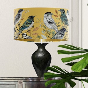 Fancy Flock Bird Lampshade, Yellow Large lamp shade with gold lining, botanical lampshade for table lamp or pendant Summer spring decor image 5