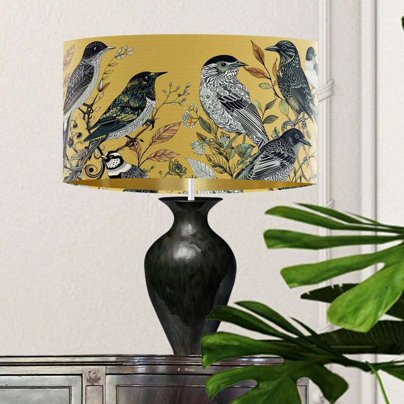 Fancy Flock Bird Lampshade, Yellow Large lamp shade with gold lining, botanical lampshade for table lamp or pendant Summer spring decor image 5