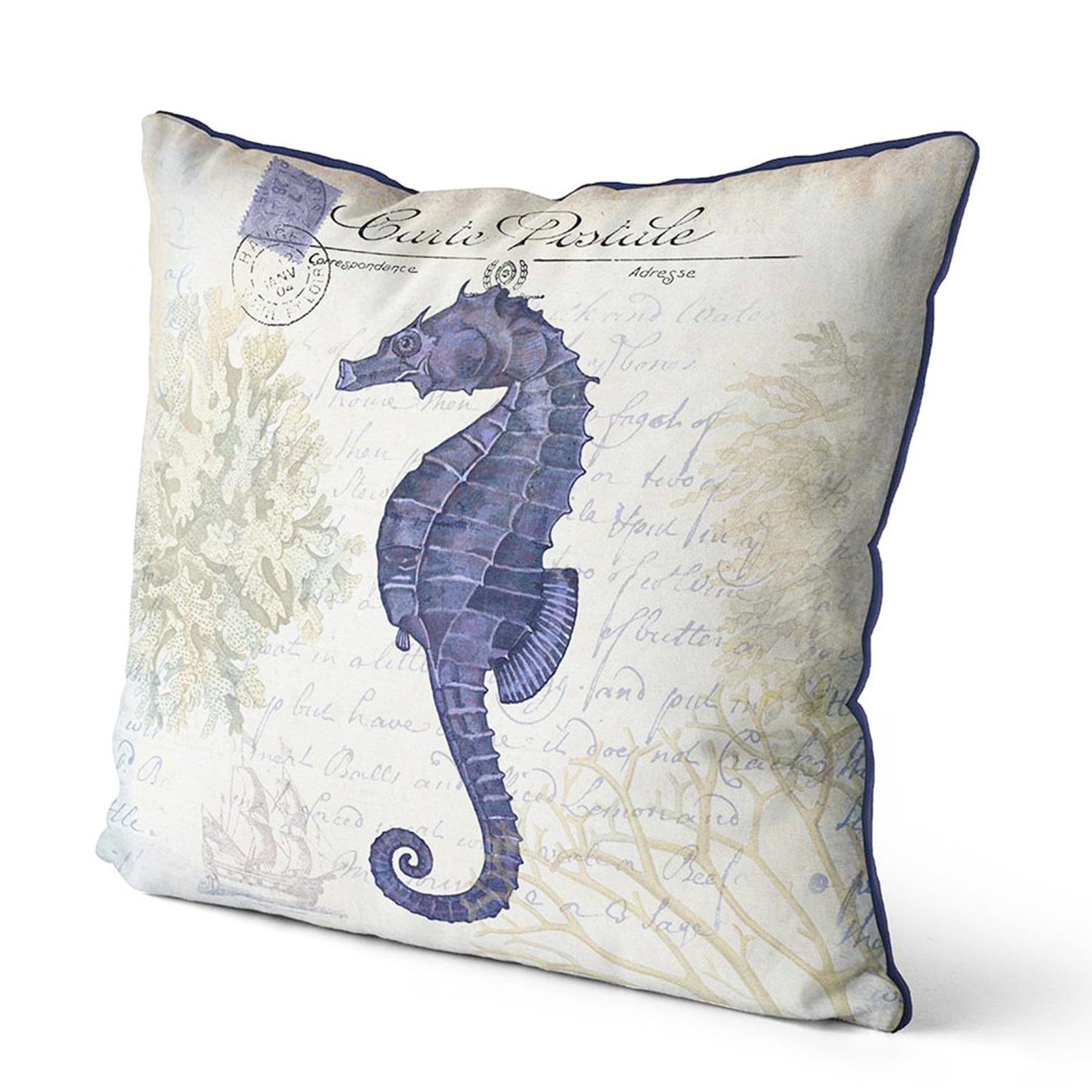 Seahorse Decor Seahorse Pillows Seaside Postcard Blue Etsy