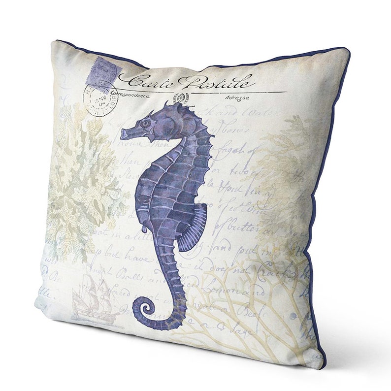 Seahorse Decor Seahorse Pillows Seaside Postcard Blue Etsy