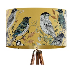 Fancy Flock Bird Lampshade, Yellow Large lamp shade with gold lining, botanical lampshade for table lamp or pendant Summer spring decor image 4