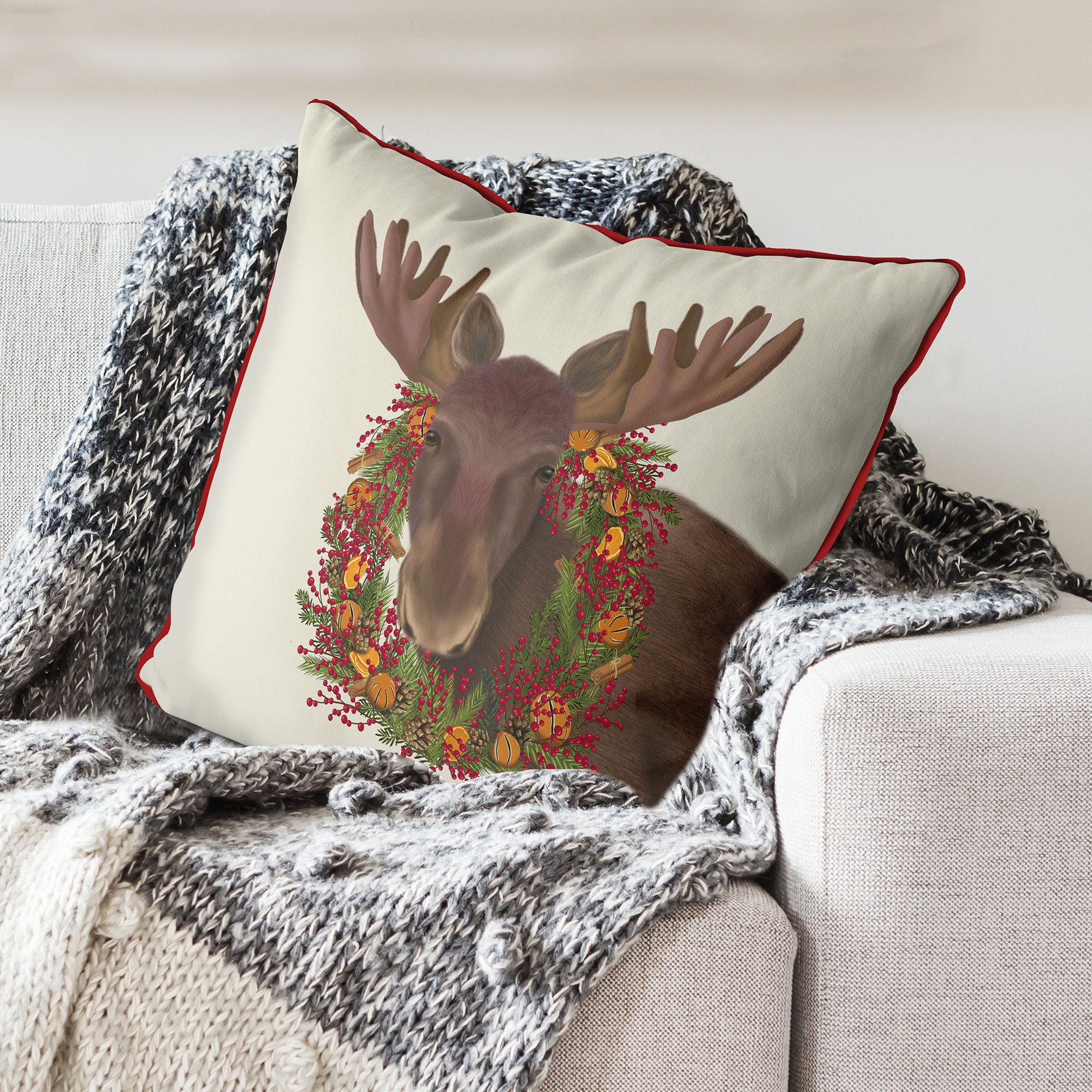 Christmas Pillow Cover Moose Orange Cranberry Wreath Cushion Festive Decor for Home Woodland Animal Xmas Cushion Print on Both Sides Etsy