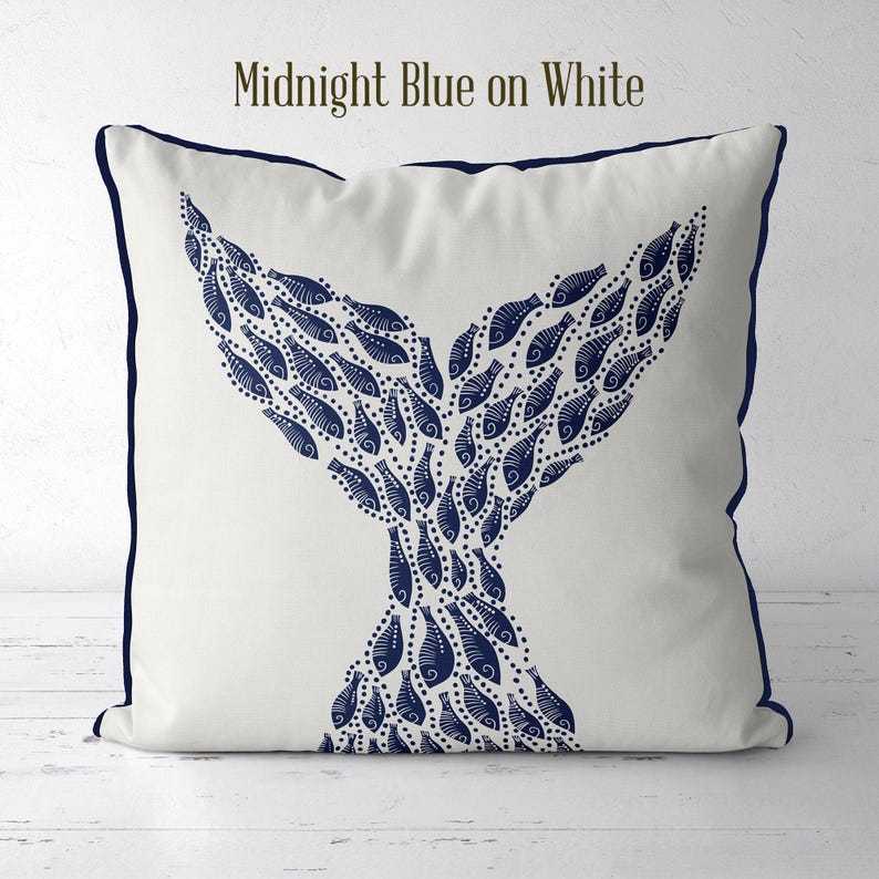 Modern coastal pillow covers Coastal throw pillows Little Fishes Whale Fish Tail Midnight Blue on White Coastal style Nautical pillow covers image 5