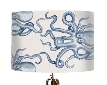 Navy blue and white lampshade with blue octopus on White, Nautical lamp shade for table or pendant, Coastal decor beach house, seaside decor