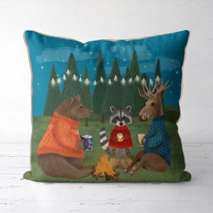 Kussensloop kampvuurdieren, kussen bosdieren, grillige kinderkamerdecoratie, hut Cottagecore-sprei